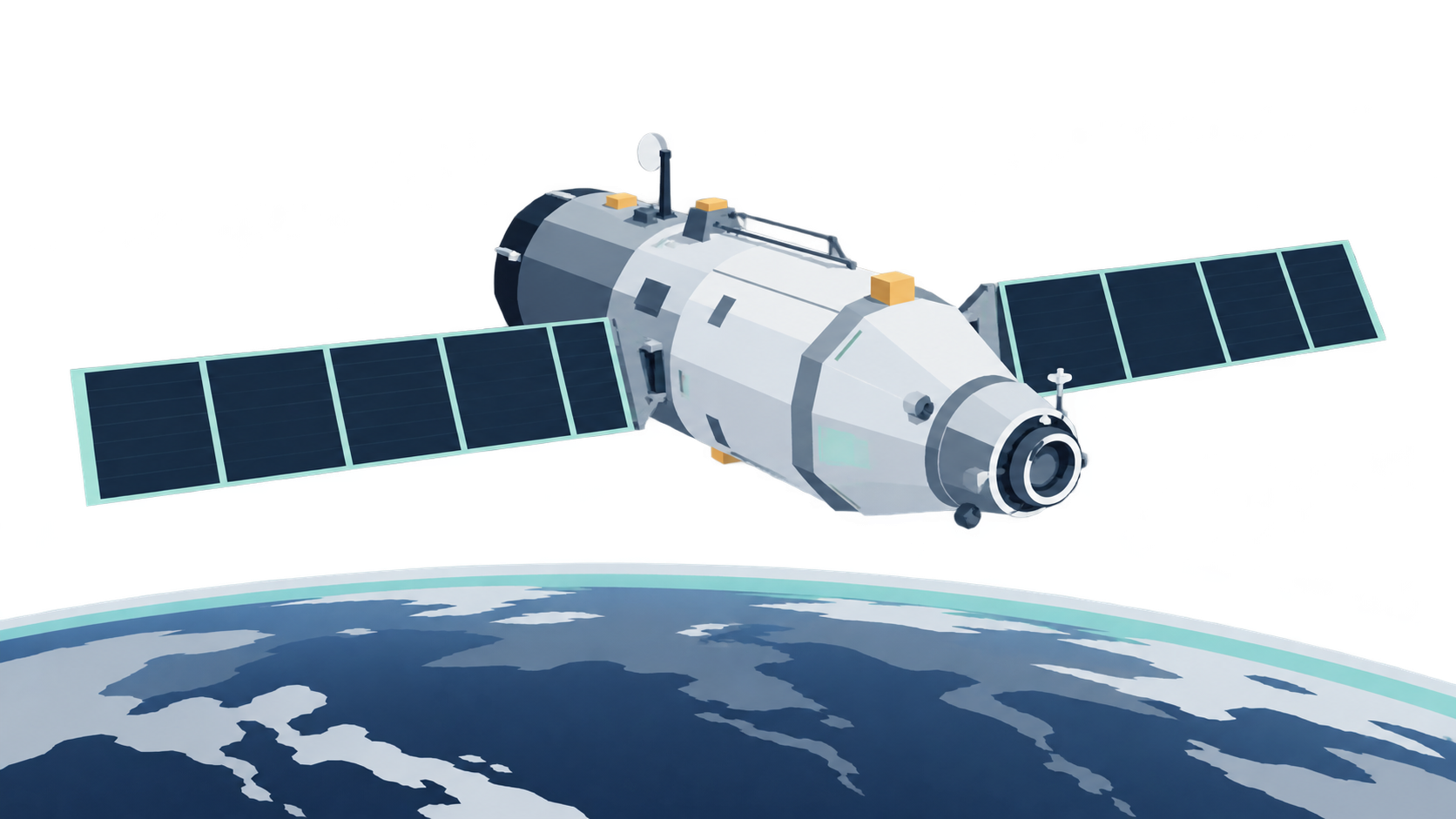 KI-Illustration: Ein einzelnes langes Stationsmodul mit zwei Solarflügeln über dem Erdrand.