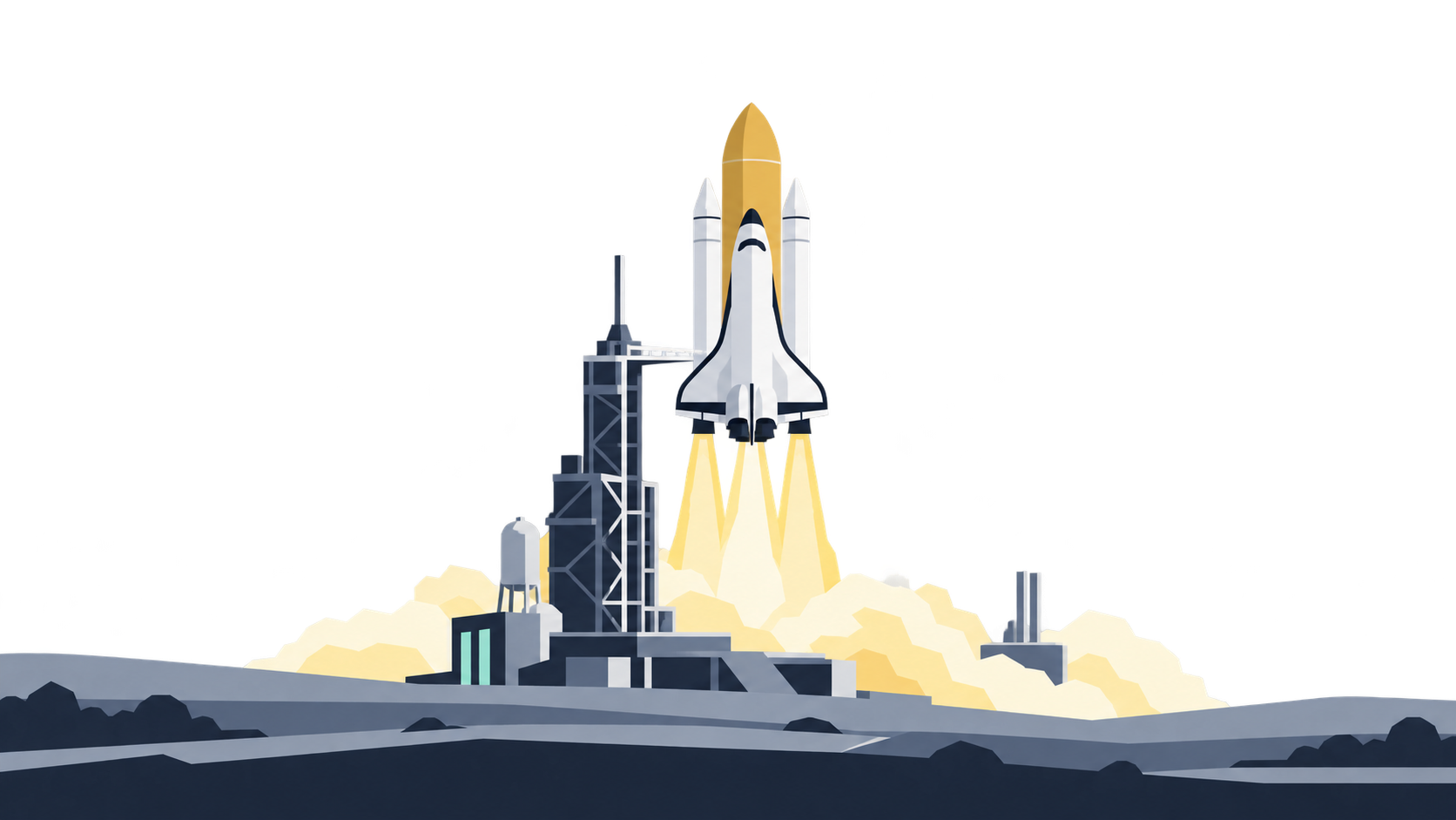 KI-Illustration: Ein schematisches Space Shuttle mit Außentank und zwei Boostern beim Start.