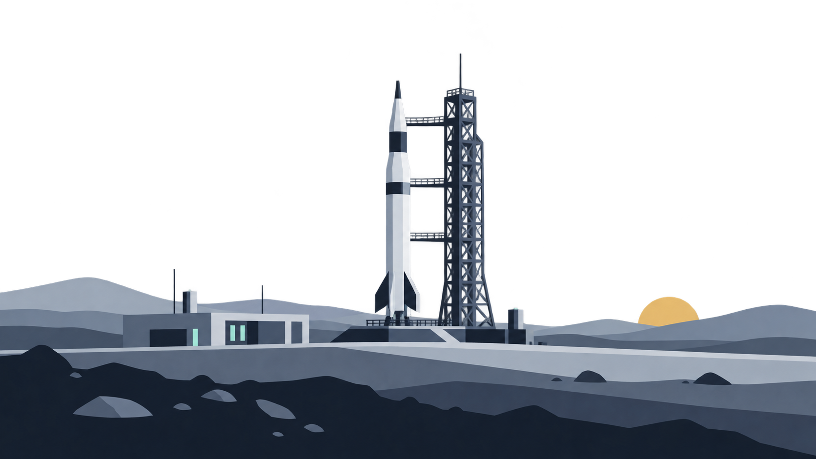 KI-Illustration: Frühe Rakete neben einem einfachen Stahlgerüst und einem niedrigen Kontrollgebäude.