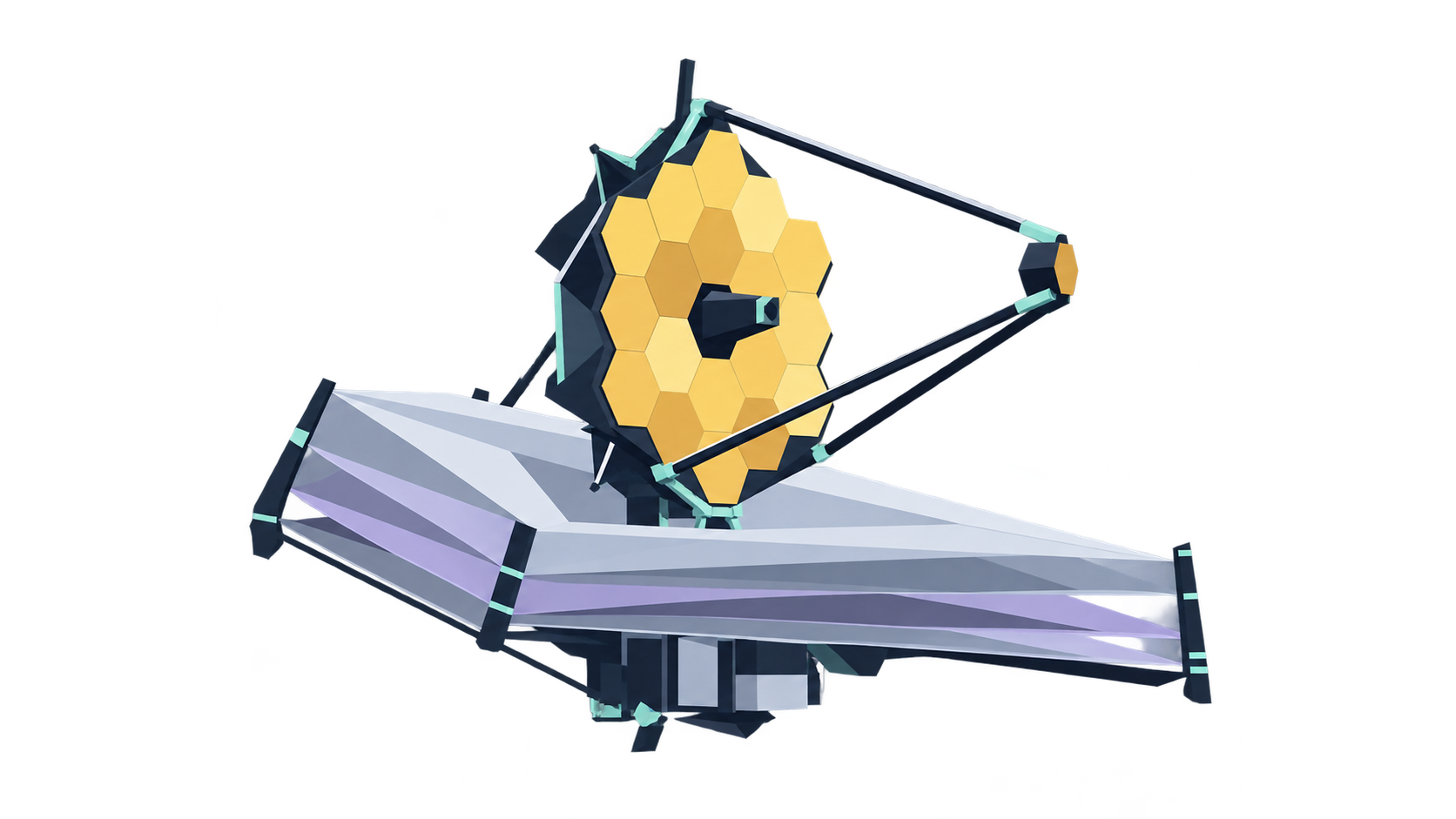 KI-Illustration: Ein Weltraumteleskop mit goldfarbenem Segmentspiegel und mehrlagigem Sonnenschild; schematisches Webb-Motiv.