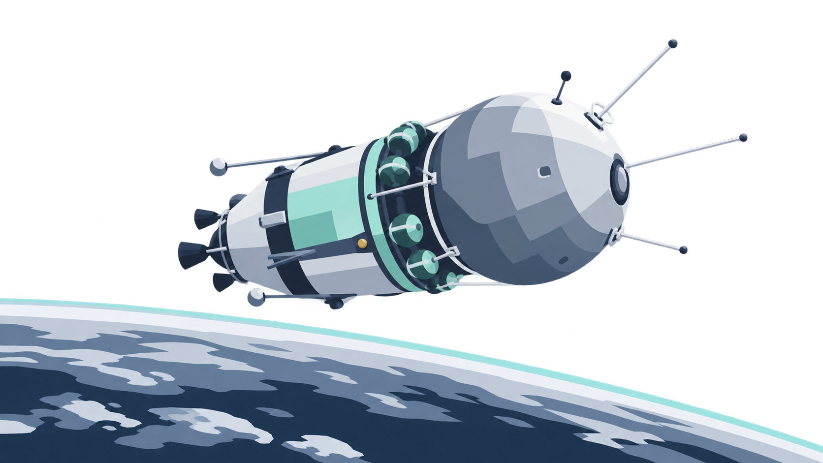 KI-Illustration: Schematisches Wostok-Raumschiff über der Erde; Symbolbild der frühen bemannten Raumfahrt ohne Porträt.