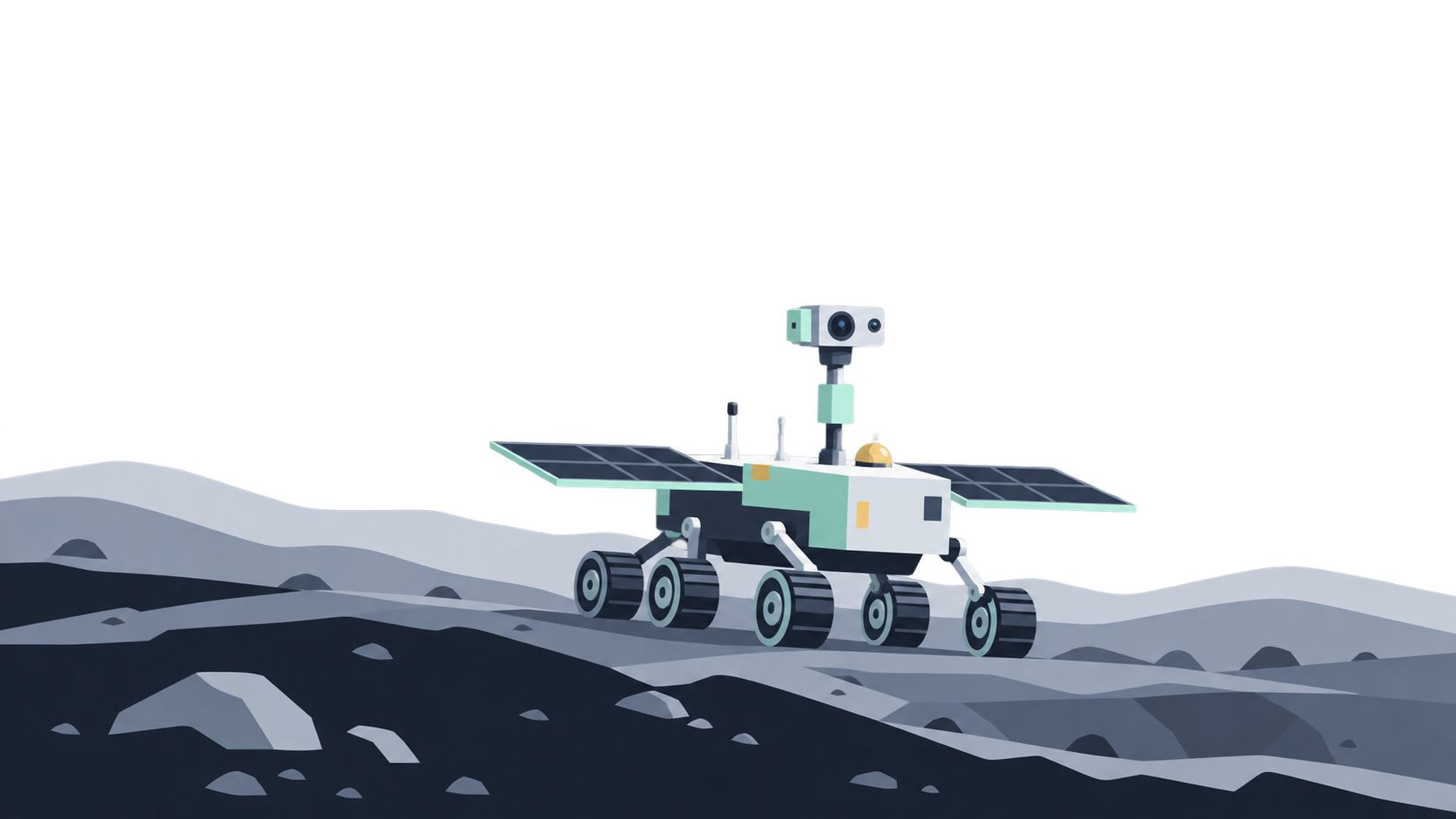 KI-Illustration: Ein kleiner sechsrädriger Mondrover mit zwei Solarflächen und Kameramast.