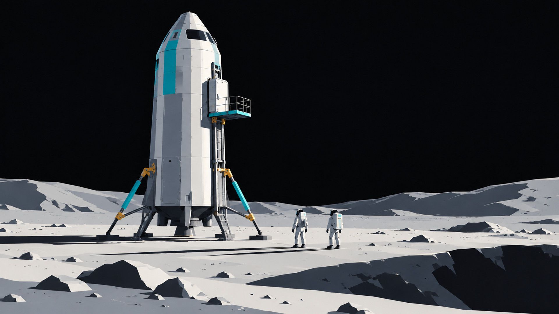 KI-Illustration im technisch-flächigen Stil: Ein hoher zylindrischer Mondlander mit Landebeinen und Aufzugsplattform steht im flachen Sonnenlicht.