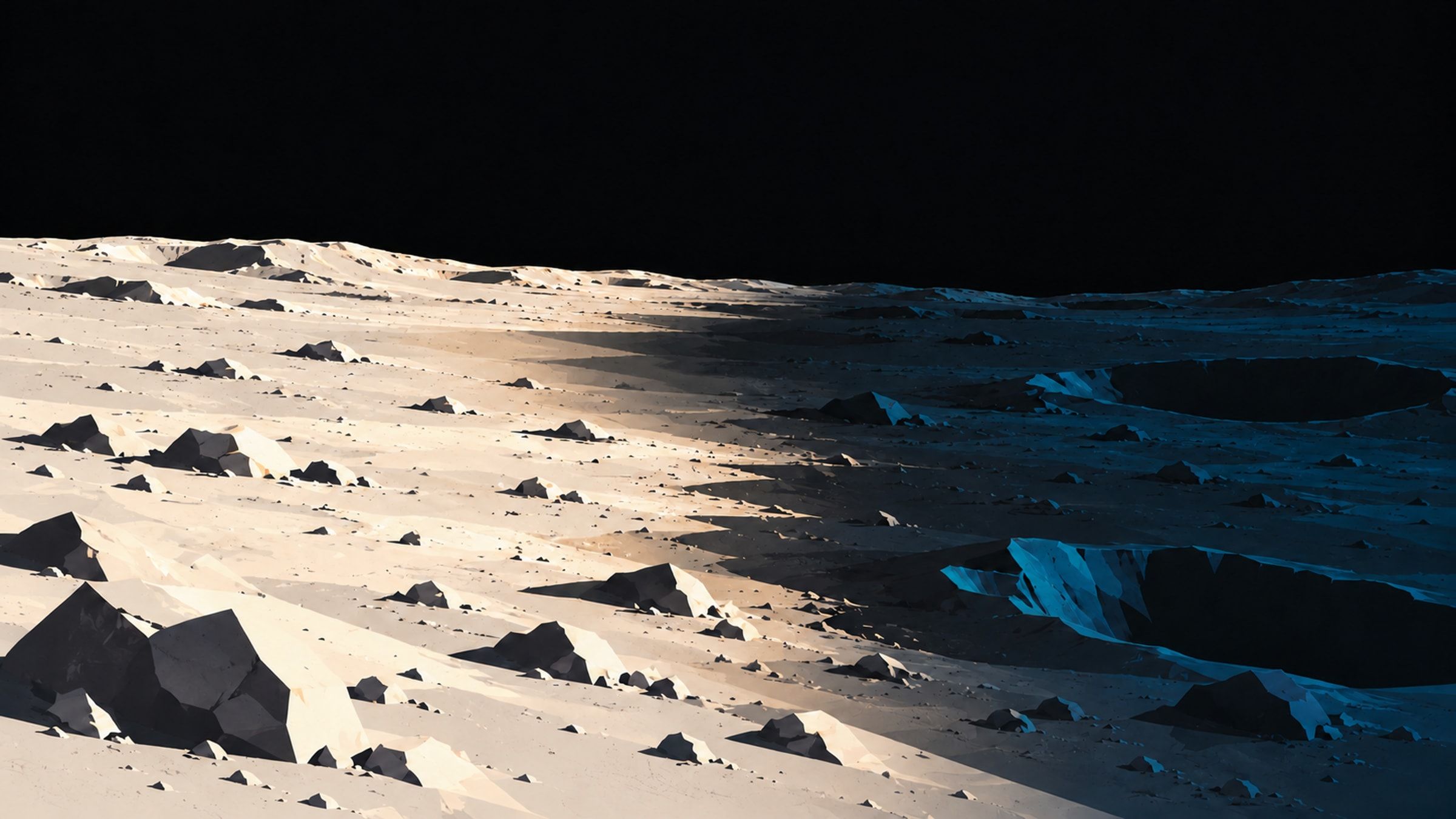 KI-Illustration: Graue Mondlandschaft mit einer Grenze zwischen heller Tagseite und dunkelblau akzentuierter Nachtseite. Schematischer Temperaturkontrast, keine Messkarte.