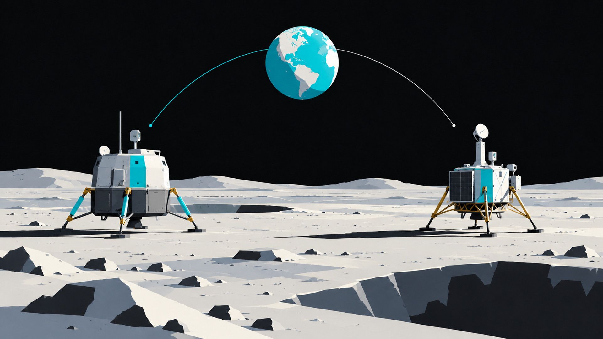 KI-Illustration im technisch-flächigen Stil: Zwei unterschiedliche Mondlander und symbolische Flugbahnen von der Erde veranschaulichen konkurrierende Mondprogramme.